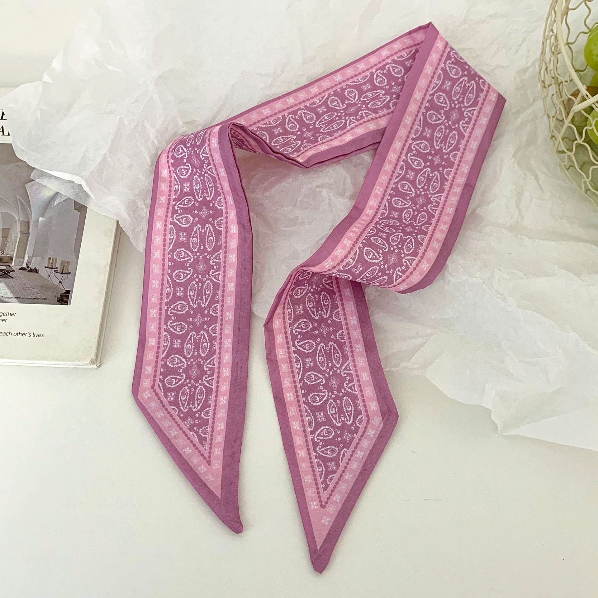 Ethnic Style Polyester Silk Scarf With Cashew Nuts Pattern In White, Perfect For Autumn