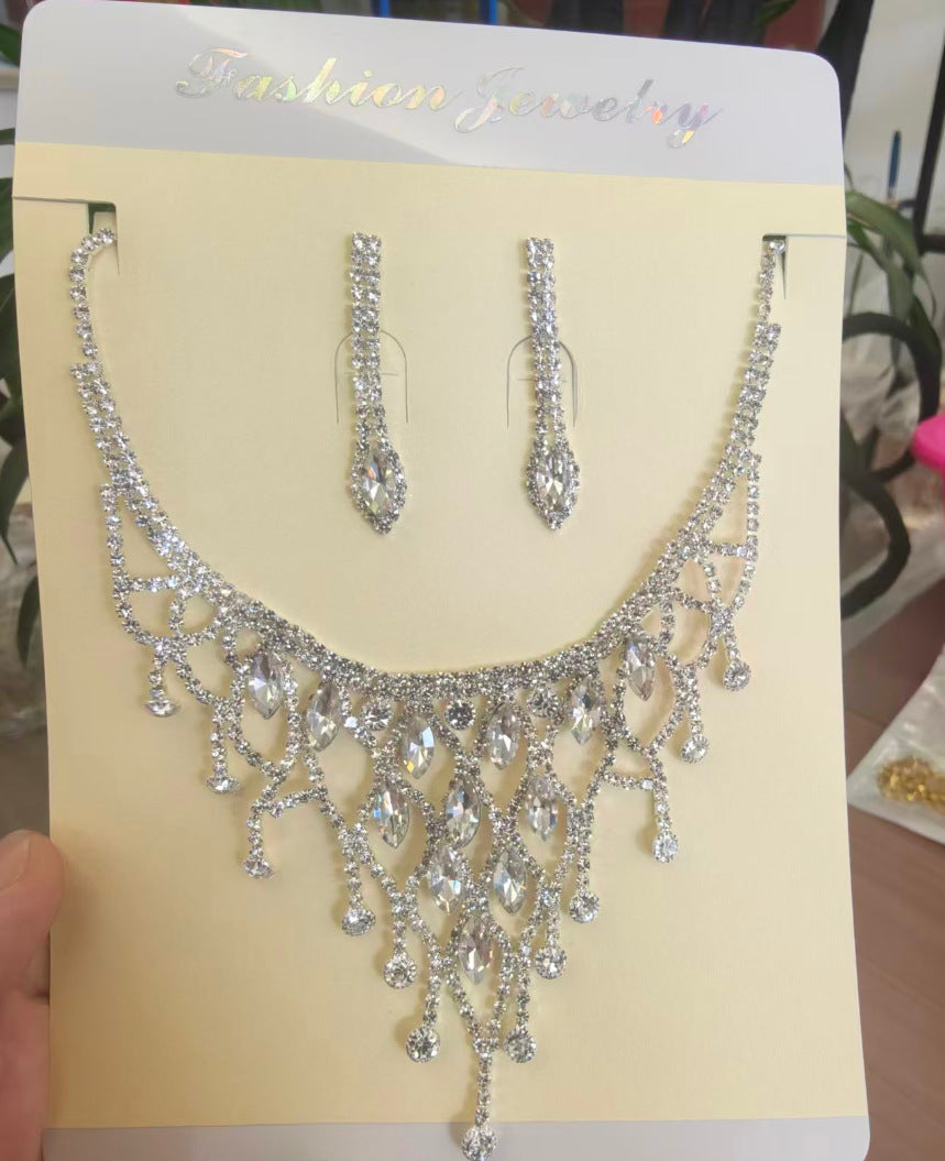 Elegant Plaid Tassel Necklace For Women In Alloy With Rhinestones, Jewelry Set