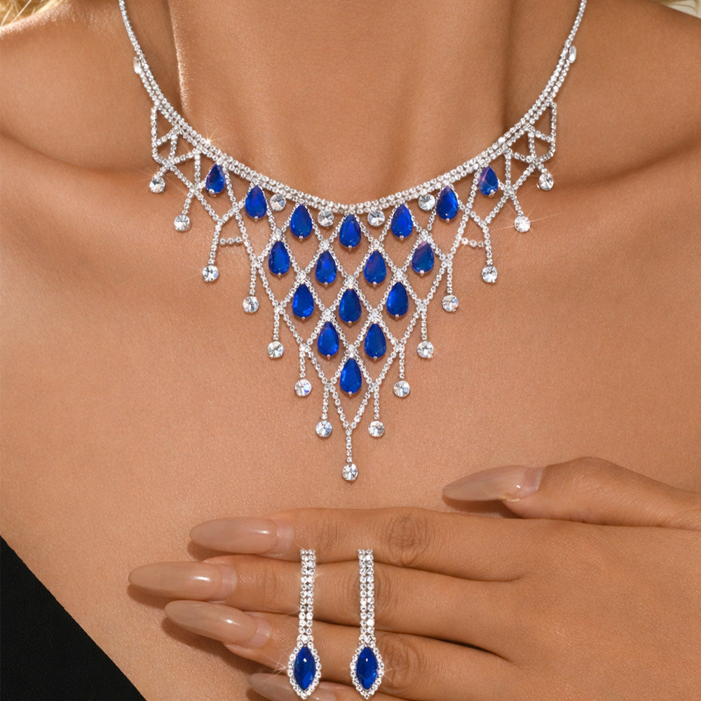 Elegant Plaid Tassel Necklace For Women In Alloy With Rhinestones, Jewelry Set