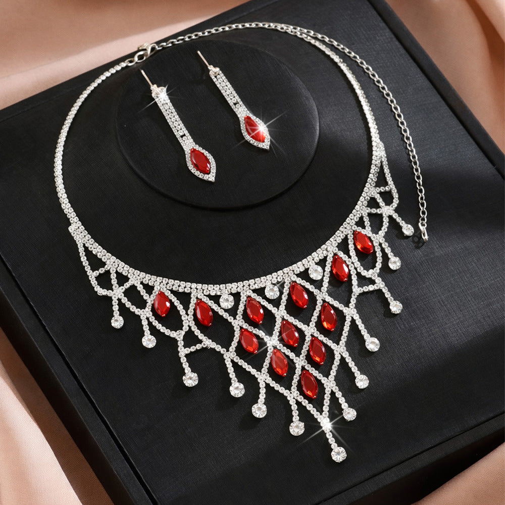 Elegant Plaid Tassel Necklace For Women In Alloy With Rhinestones, Jewelry Set