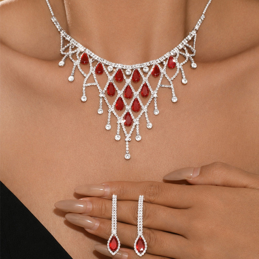 Elegant Plaid Tassel Necklace For Women In Alloy With Rhinestones, Jewelry Set