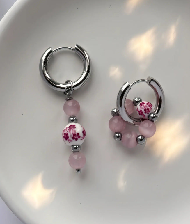 Sweet Asymmetrical Drop Earrings For Women In Natural Pink Ceramic With Cat's Eye Stone Inlay