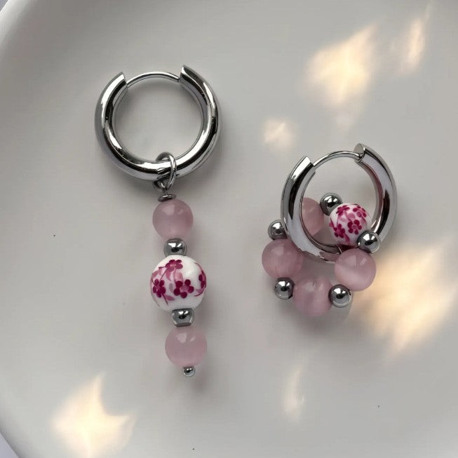 Sweet Asymmetrical Drop Earrings For Women In Natural Pink Ceramic With Cat's Eye Stone Inlay