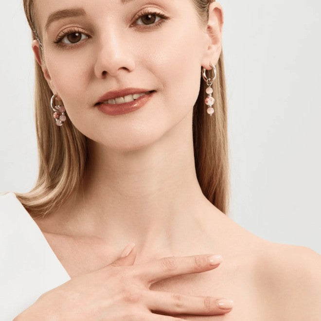 Sweet Asymmetrical Drop Earrings For Women In Natural Pink Ceramic With Cat's Eye Stone Inlay