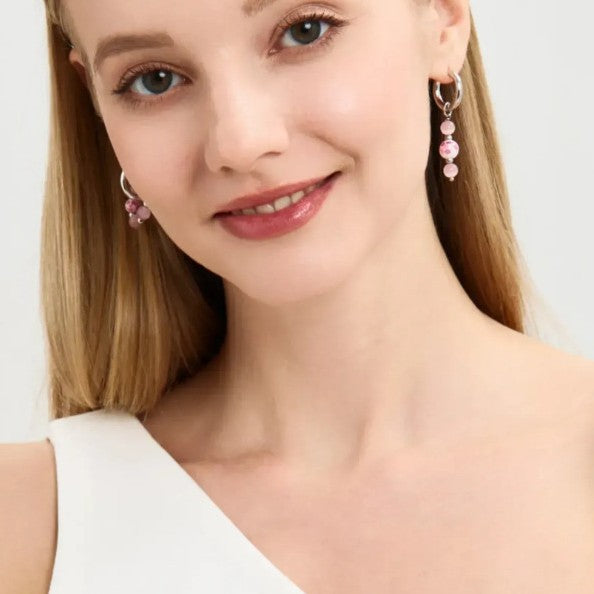 Sweet Asymmetrical Drop Earrings For Women In Natural Pink Ceramic With Cat's Eye Stone Inlay