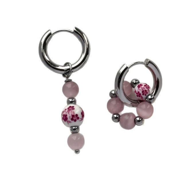 Sweet Asymmetrical Drop Earrings For Women In Natural Pink Ceramic With Cat's Eye Stone Inlay