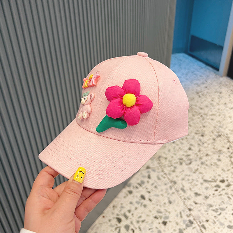 New Style Girls' Baseball Cap With Three-Dimensional Flowers In Natural Pink Cotton