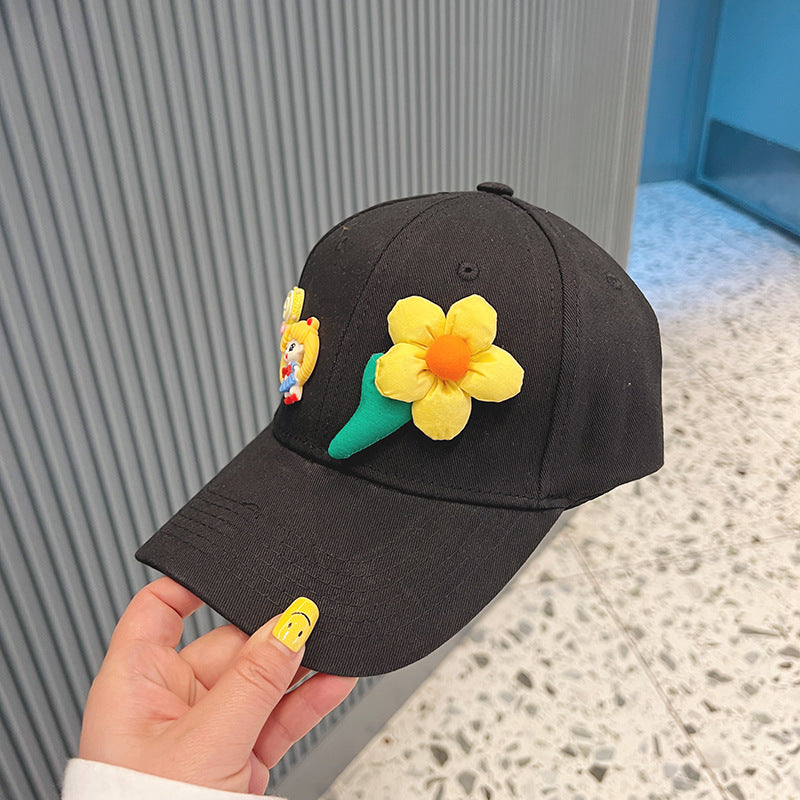 New Style Girls' Baseball Cap With Three-Dimensional Flowers In Natural Pink Cotton