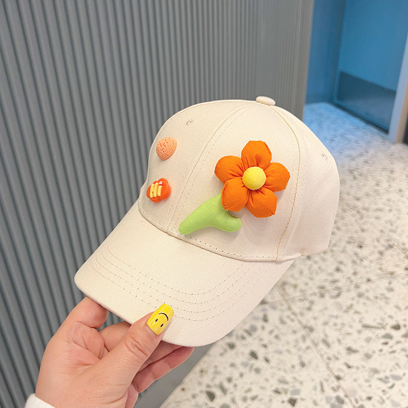 New Style Girls' Baseball Cap With Three-Dimensional Flowers In Natural Pink Cotton