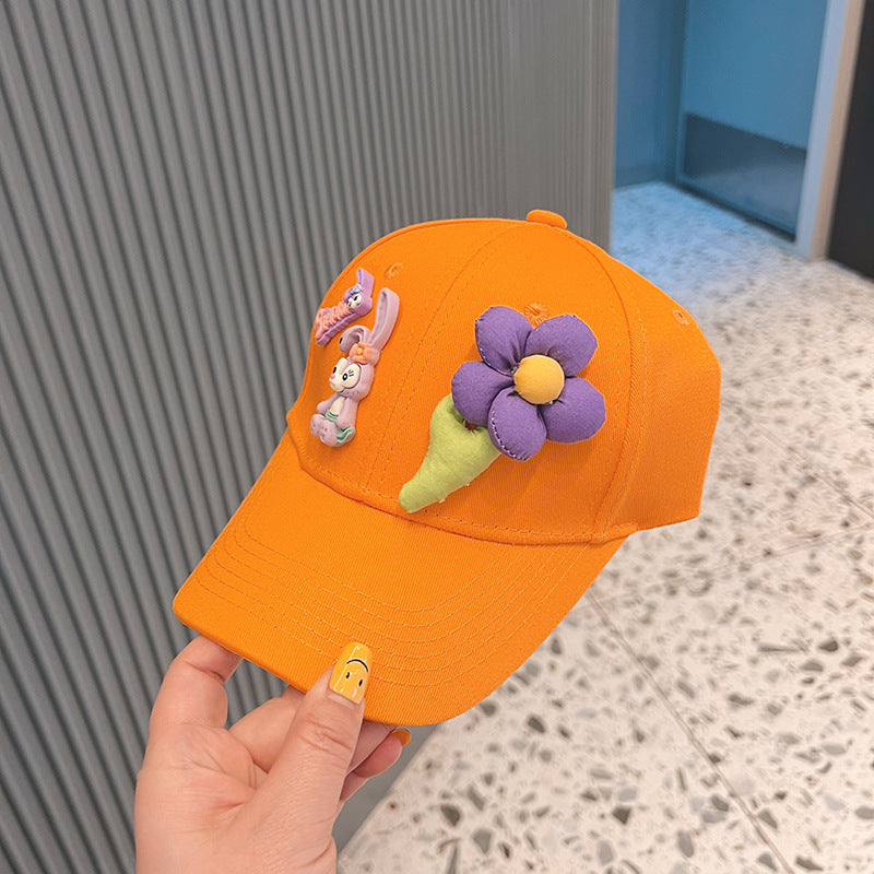 New Style Girls' Baseball Cap With Three-Dimensional Flowers In Natural Pink Cotton