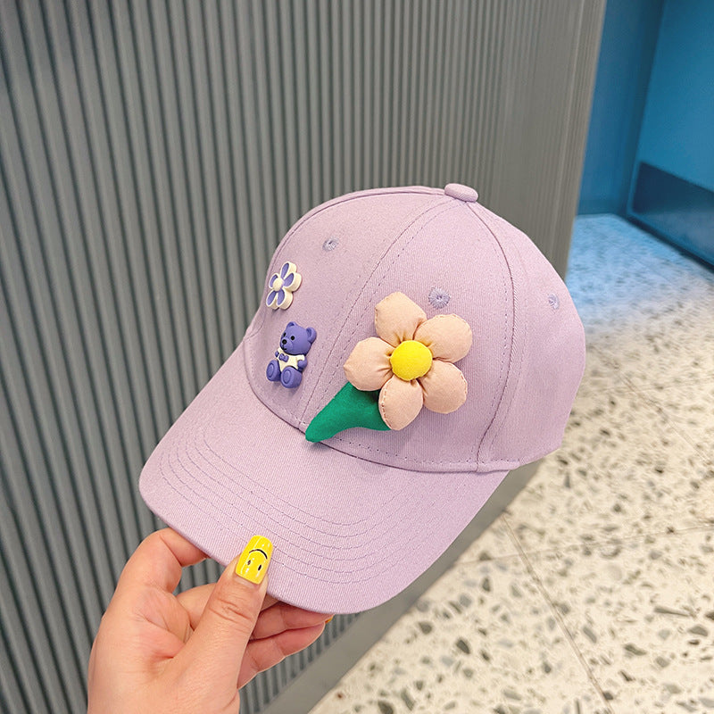 New Style Girls' Baseball Cap With Three-Dimensional Flowers In Natural Pink Cotton