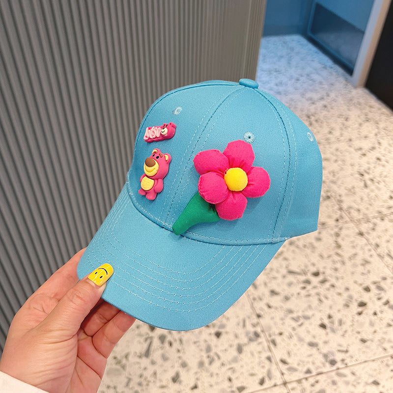 New Style Girls' Baseball Cap With Three-Dimensional Flowers In Natural Pink Cotton