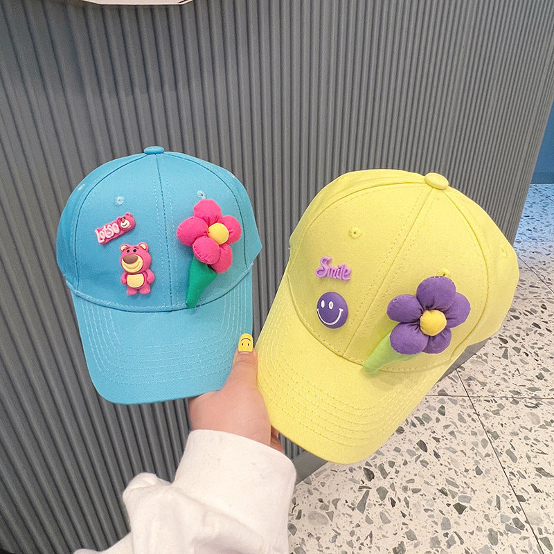New Style Girls' Baseball Cap With Three-Dimensional Flowers In Natural Pink Cotton