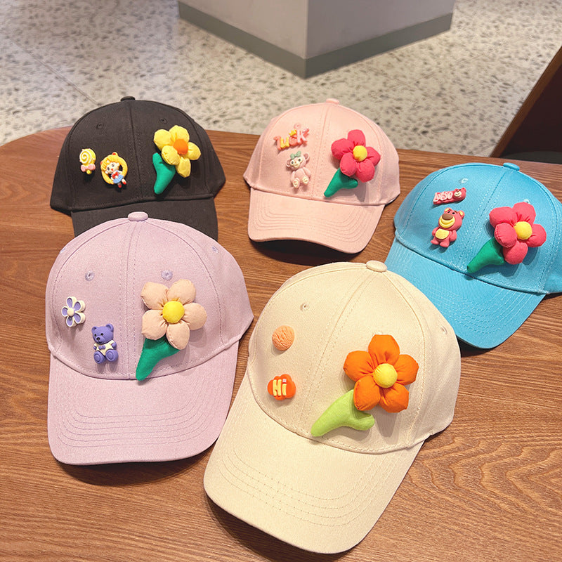 New Style Girls' Baseball Cap With Three-Dimensional Flowers In Natural Pink Cotton