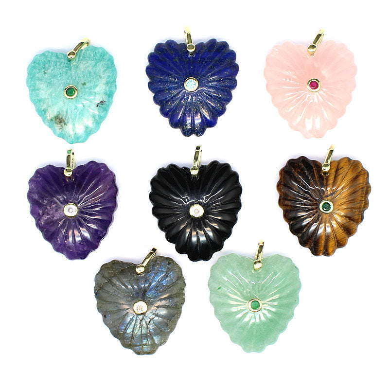 Heart Shape Copper Pendant With Crystal Inlay Featuring Carving Craftsmanship