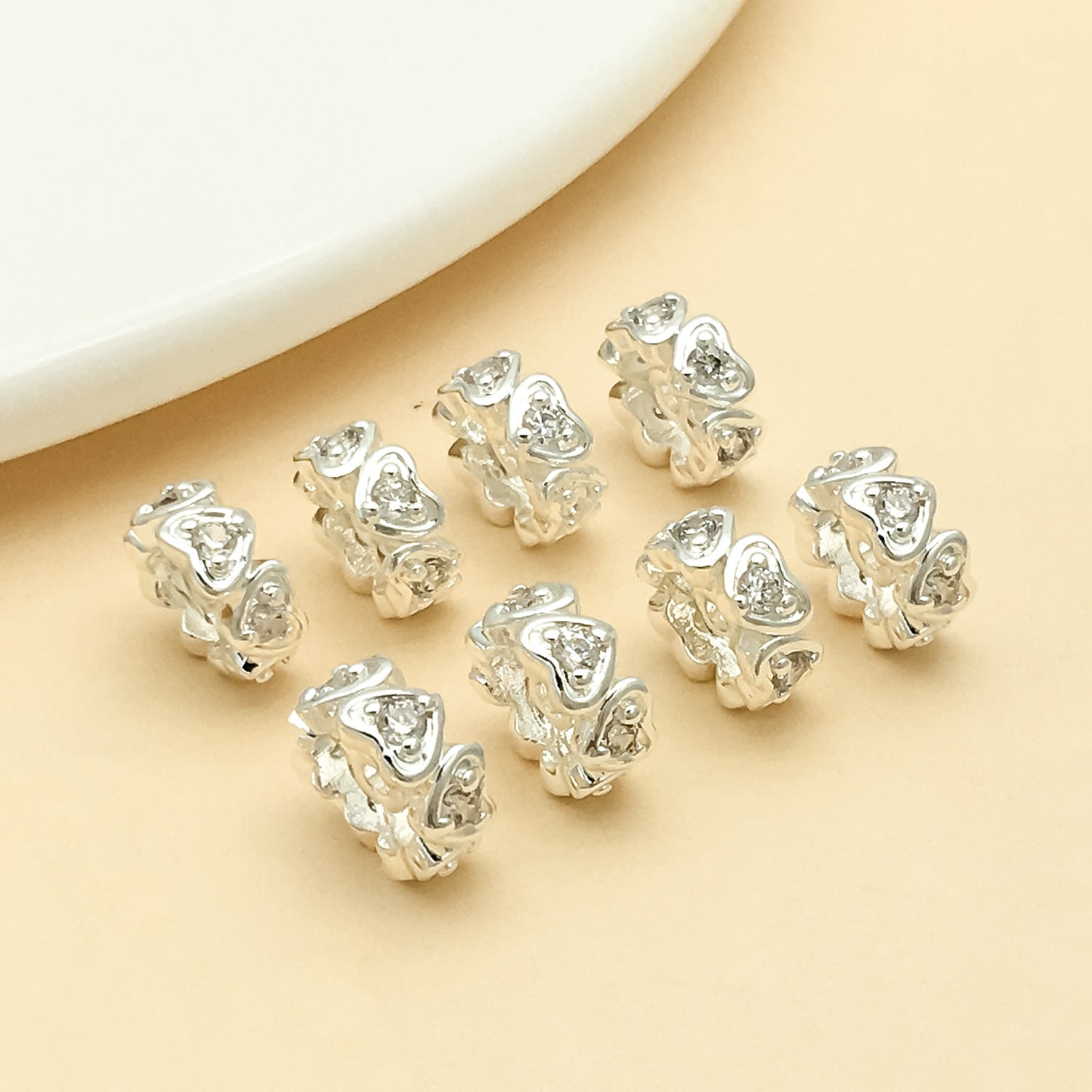 Heart Shape Copper Spacer Bars With Electroplated 18K Real Gold Plating And Zircon Inlay, Diameter 8mm, Hole Size 1~1.9mm