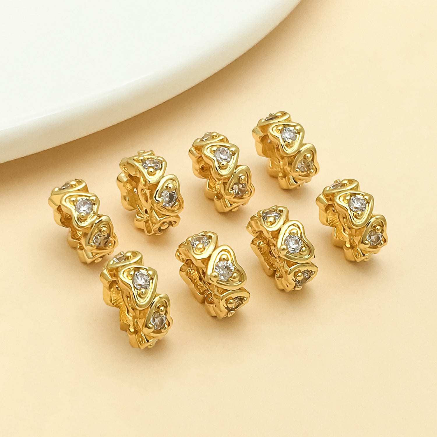 Heart Shape Copper Spacer Bars With Electroplated 18K Real Gold Plating And Zircon Inlay, Diameter 8mm, Hole Size 1~1.9mm