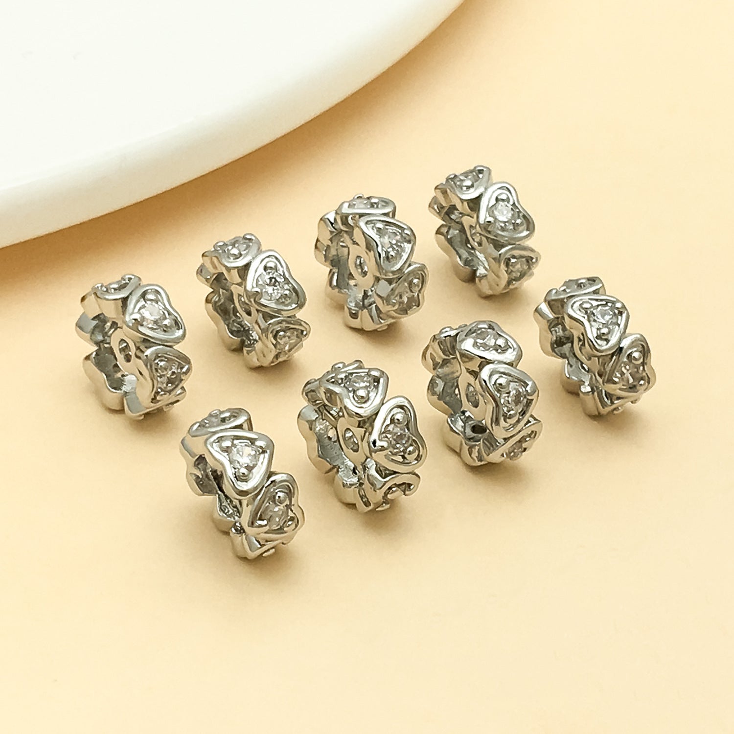 Heart Shape Copper Spacer Bars With Electroplated 18K Real Gold Plating And Zircon Inlay, Diameter 8mm, Hole Size 1~1.9mm