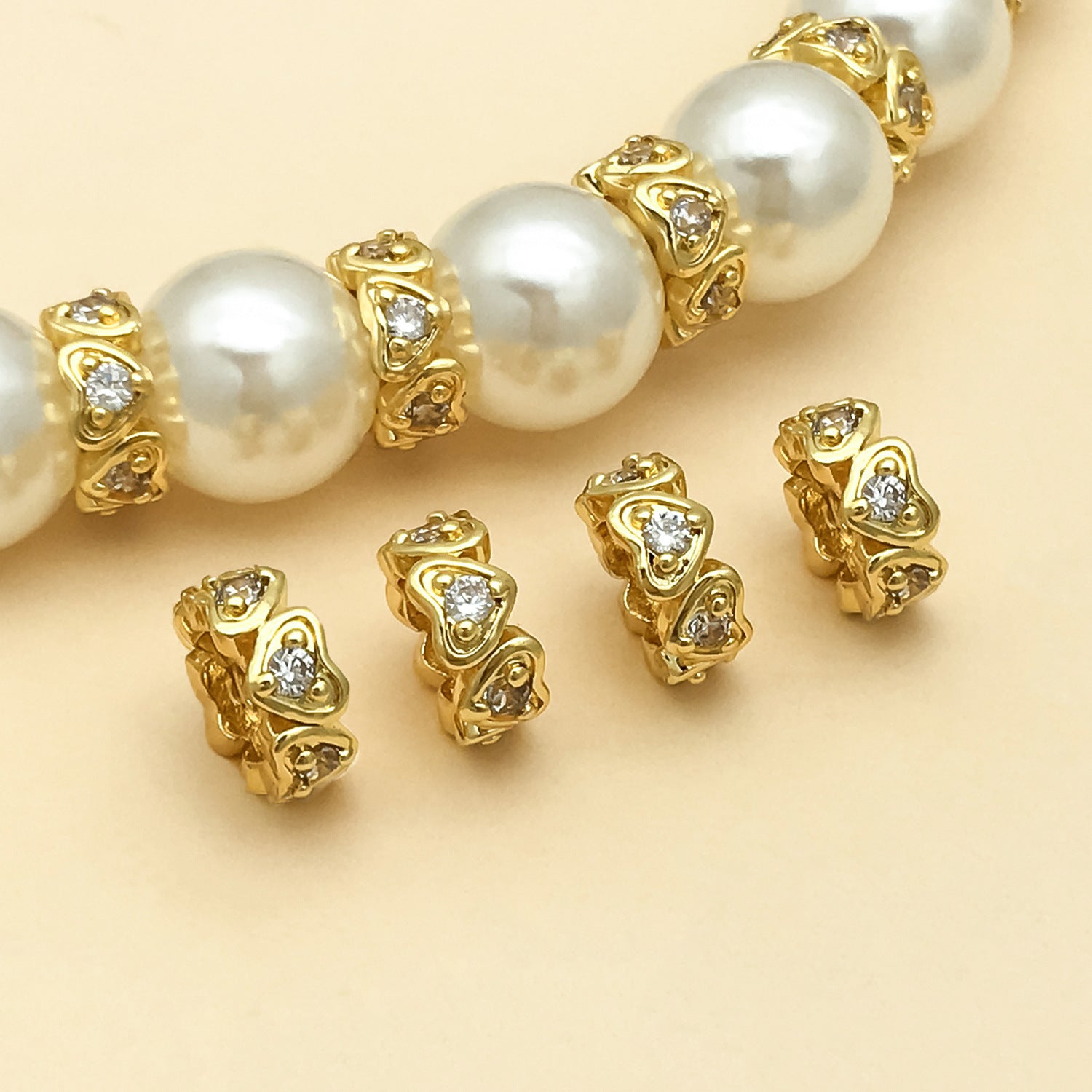 Heart Shape Copper Spacer Bars With Electroplated 18K Real Gold Plating And Zircon Inlay, Diameter 8mm, Hole Size 1~1.9mm