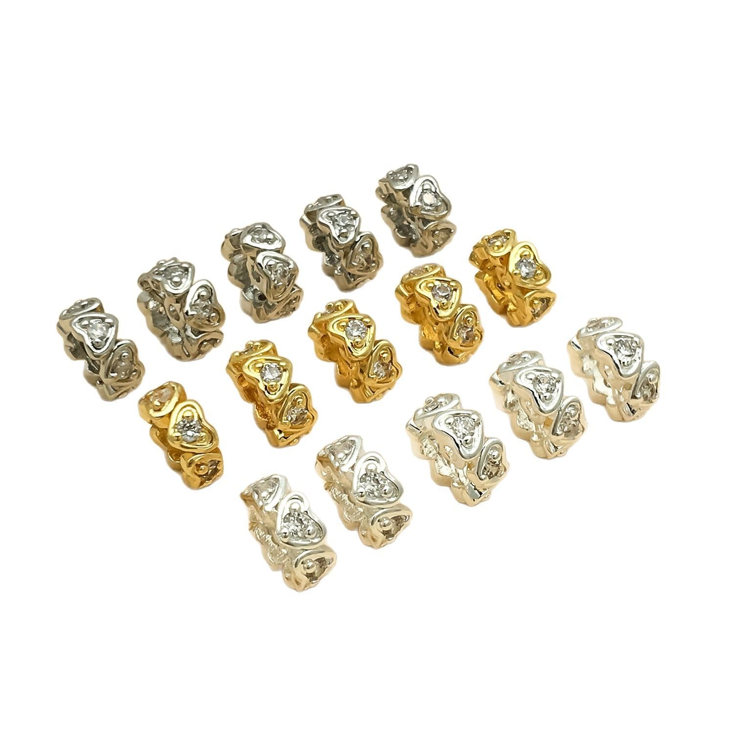 Heart Shape Copper Spacer Bars With Electroplated 18K Real Gold Plating And Zircon Inlay, Diameter 8mm, Hole Size 1~1.9mm