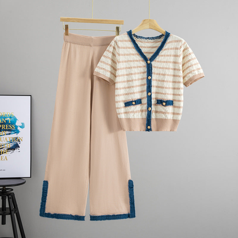 Elegant Stripe Wide Leg Denim Pants Co-ord Set With Patchwork Detail And Placket Closure For Casual Wear