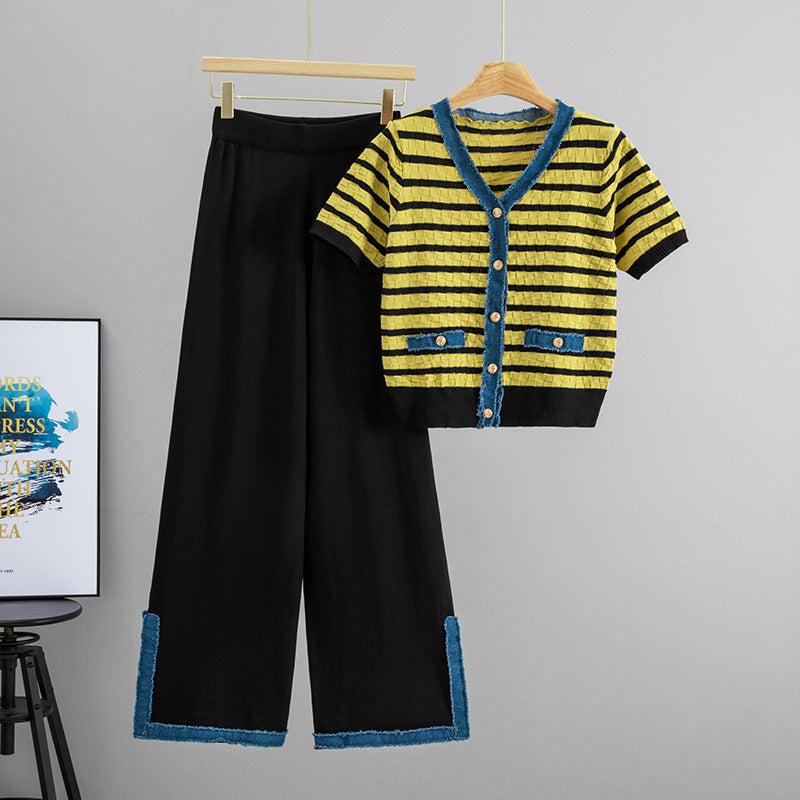 Elegant Stripe Wide Leg Denim Pants Co-ord Set With Patchwork Detail And Placket Closure For Casual Wear