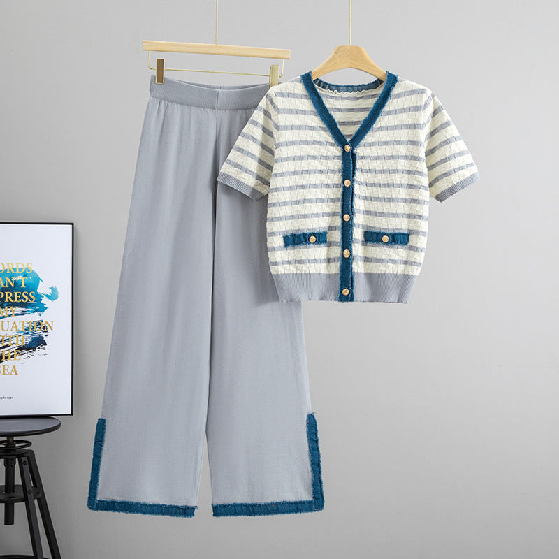 Elegant Stripe Wide Leg Denim Pants Co-ord Set With Patchwork Detail And Placket Closure For Casual Wear