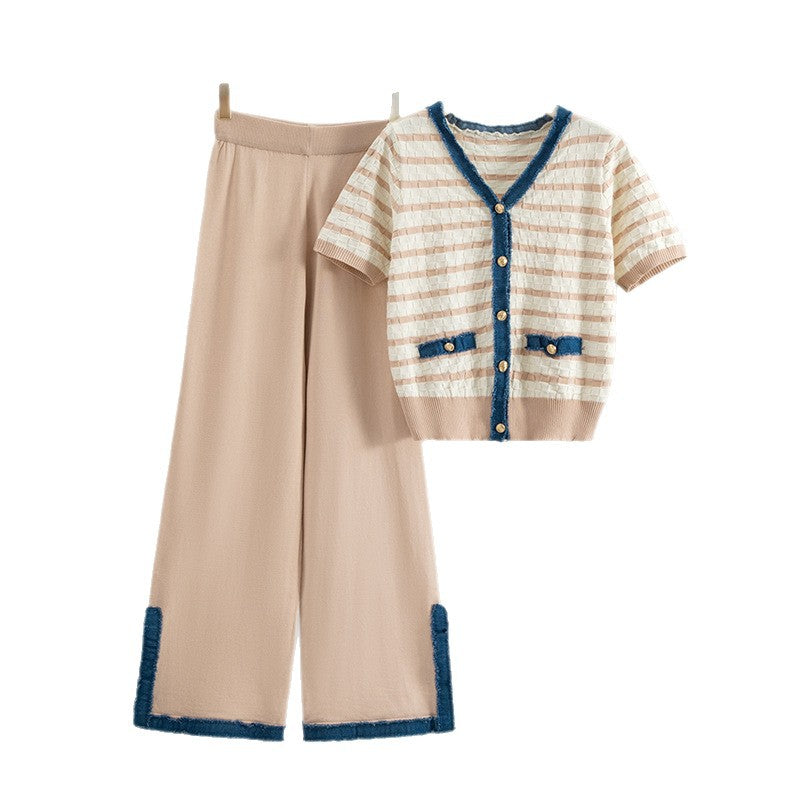 Elegant Stripe Wide Leg Denim Pants Co-ord Set With Patchwork Detail And Placket Closure For Casual Wear