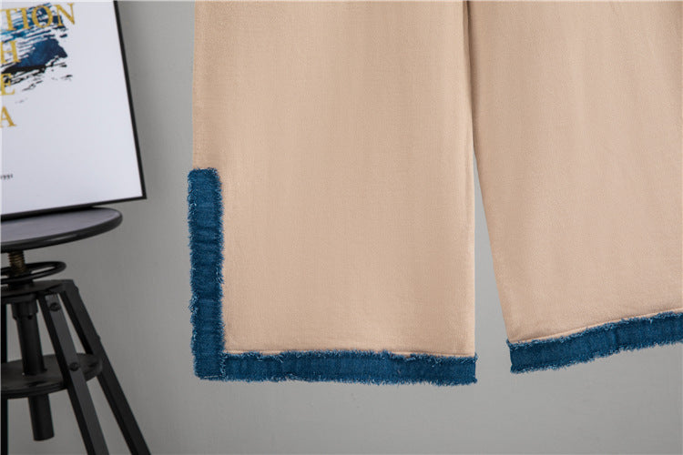 Elegant Stripe Wide Leg Denim Pants Co-ord Set With Patchwork Detail And Placket Closure For Casual Wear