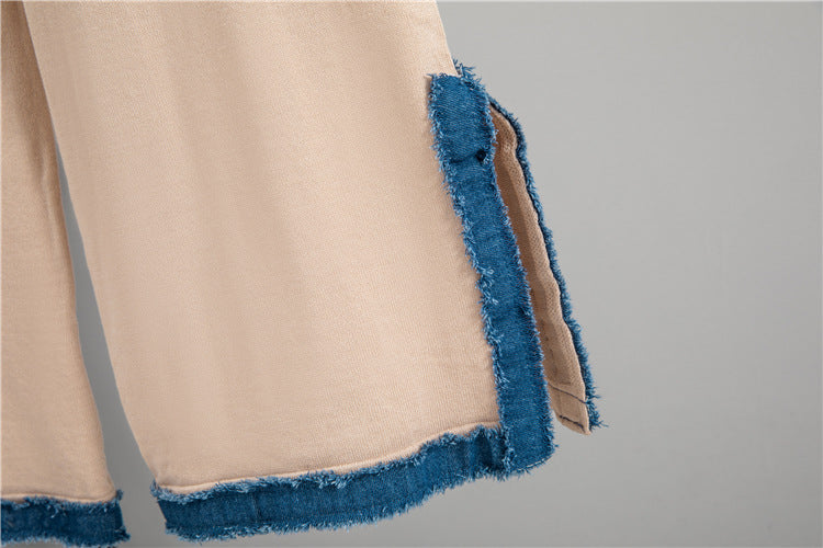 Elegant Stripe Wide Leg Denim Pants Co-ord Set With Patchwork Detail And Placket Closure For Casual Wear