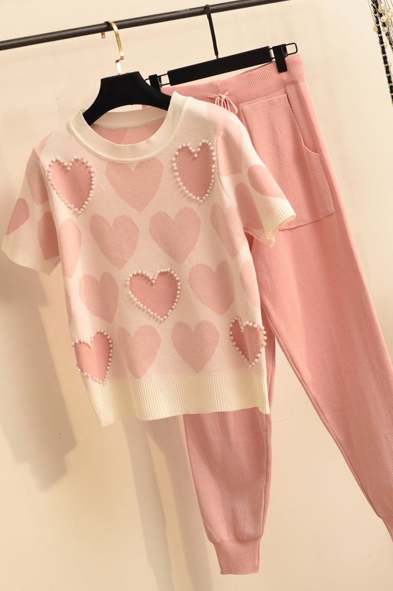 Color Block Pant Co-ord Set In Viscose Fiber With Knitted Craft, Preppy Style Casual Wear Featuring Regular Sleeves, 2 Pieces Set