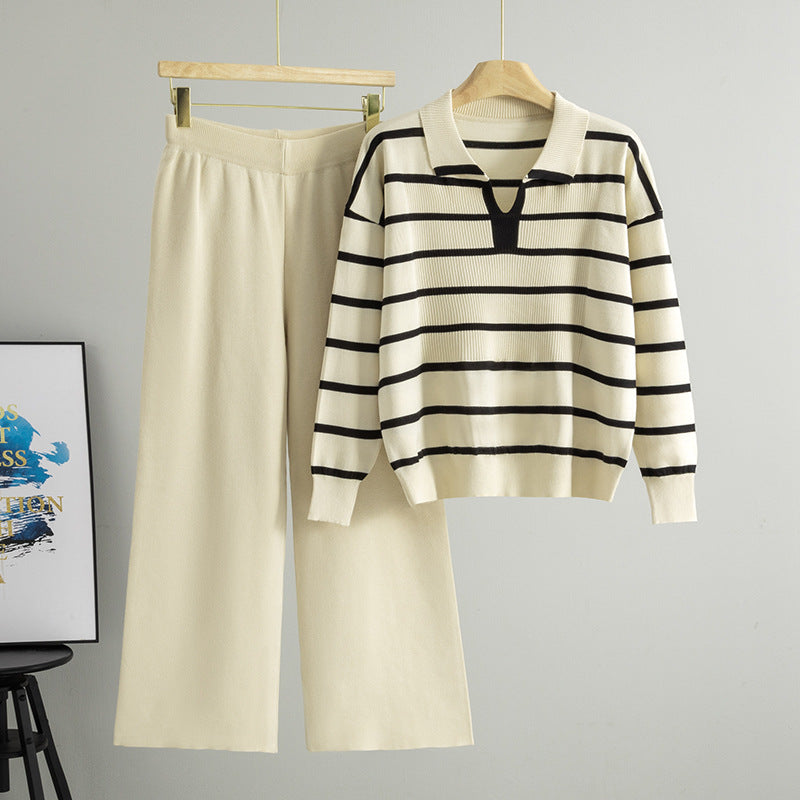 Elegant Stripe Wide Leg Pants Pant Co-ord Set In Viscose Fiber Featuring Knitted Craftsmanship For Casual Wear, 2 Pieces Set