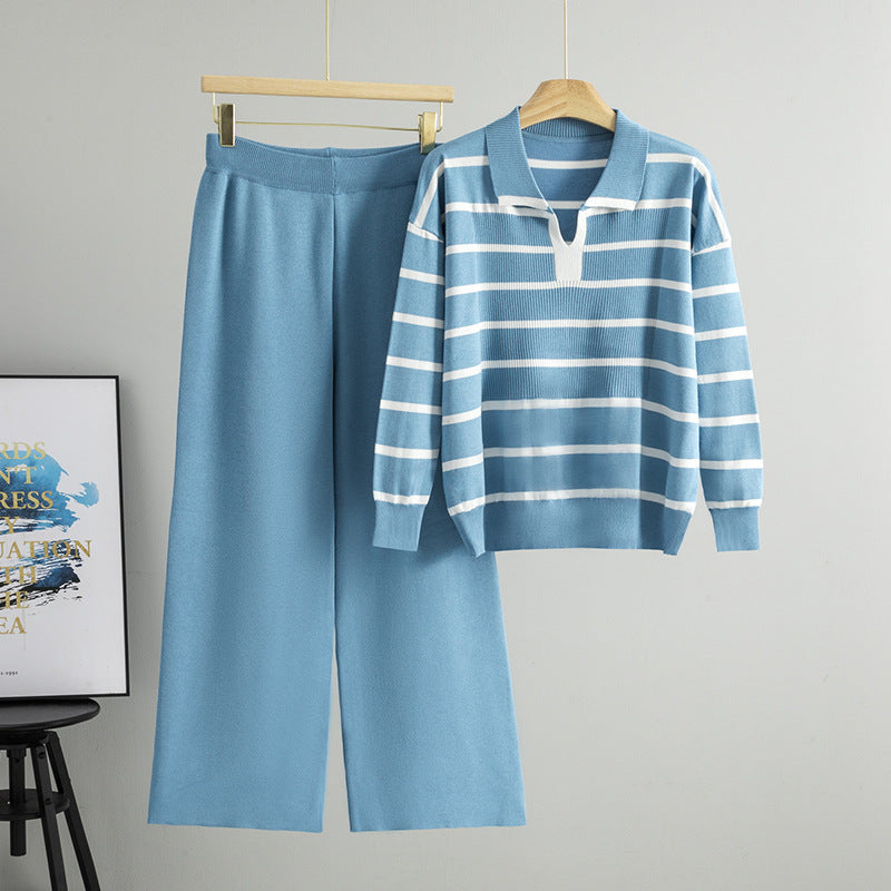Elegant Stripe Wide Leg Pants Pant Co-ord Set In Viscose Fiber Featuring Knitted Craftsmanship For Casual Wear, 2 Pieces Set