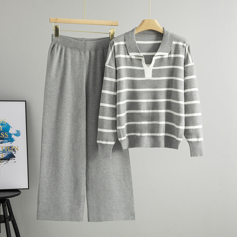 Elegant Stripe Wide Leg Pants Pant Co-ord Set In Viscose Fiber Featuring Knitted Craftsmanship For Casual Wear, 2 Pieces Set
