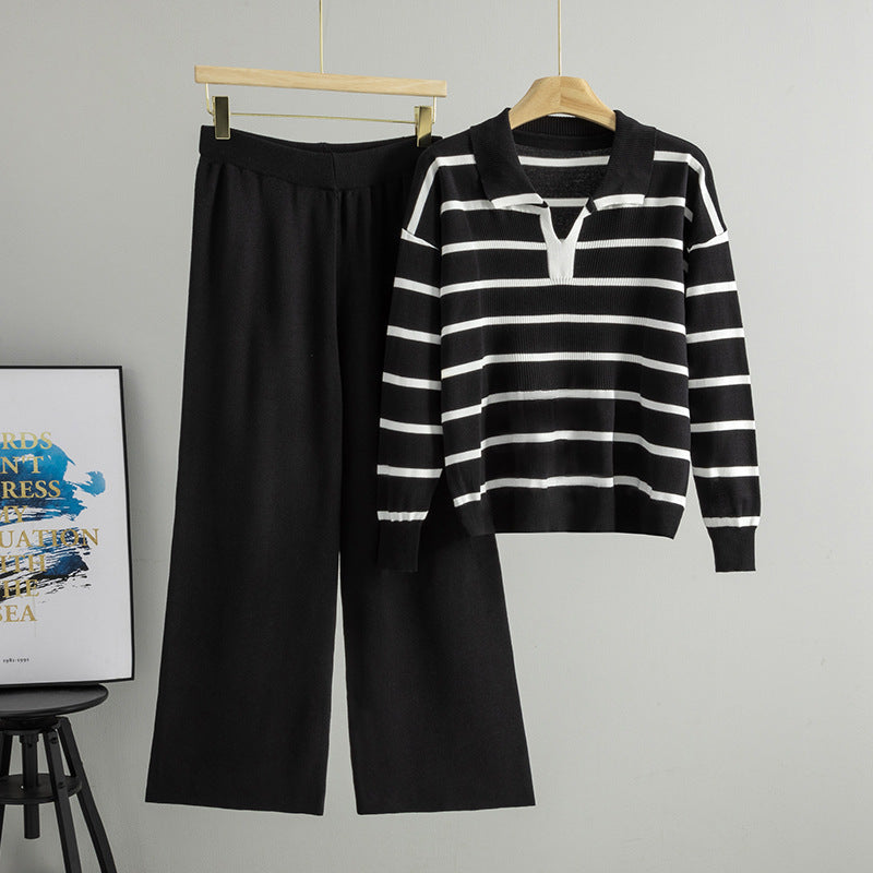 Elegant Stripe Wide Leg Pants Pant Co-ord Set In Viscose Fiber Featuring Knitted Craftsmanship For Casual Wear, 2 Pieces Set