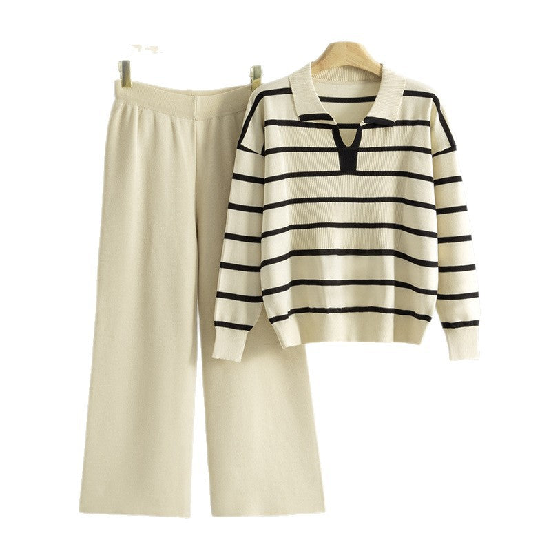 Elegant Stripe Wide Leg Pants Pant Co-ord Set In Viscose Fiber Featuring Knitted Craftsmanship For Casual Wear, 2 Pieces Set