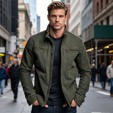 Men's Casual Solid Color Jacket With Zipper Placket, Made Of Over 90% Cotton, Featuring Multiple Pockets
