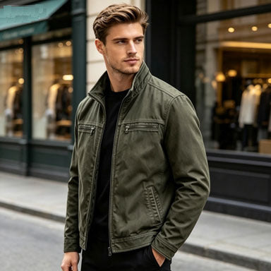 Men's Casual Solid Color Jacket With Zipper Placket, Made Of Over 90% Cotton, Featuring Multiple Pockets