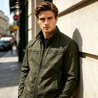 Men's Casual Solid Color Jacket With Zipper Placket, Made Of Over 90% Cotton, Featuring Multiple Pockets