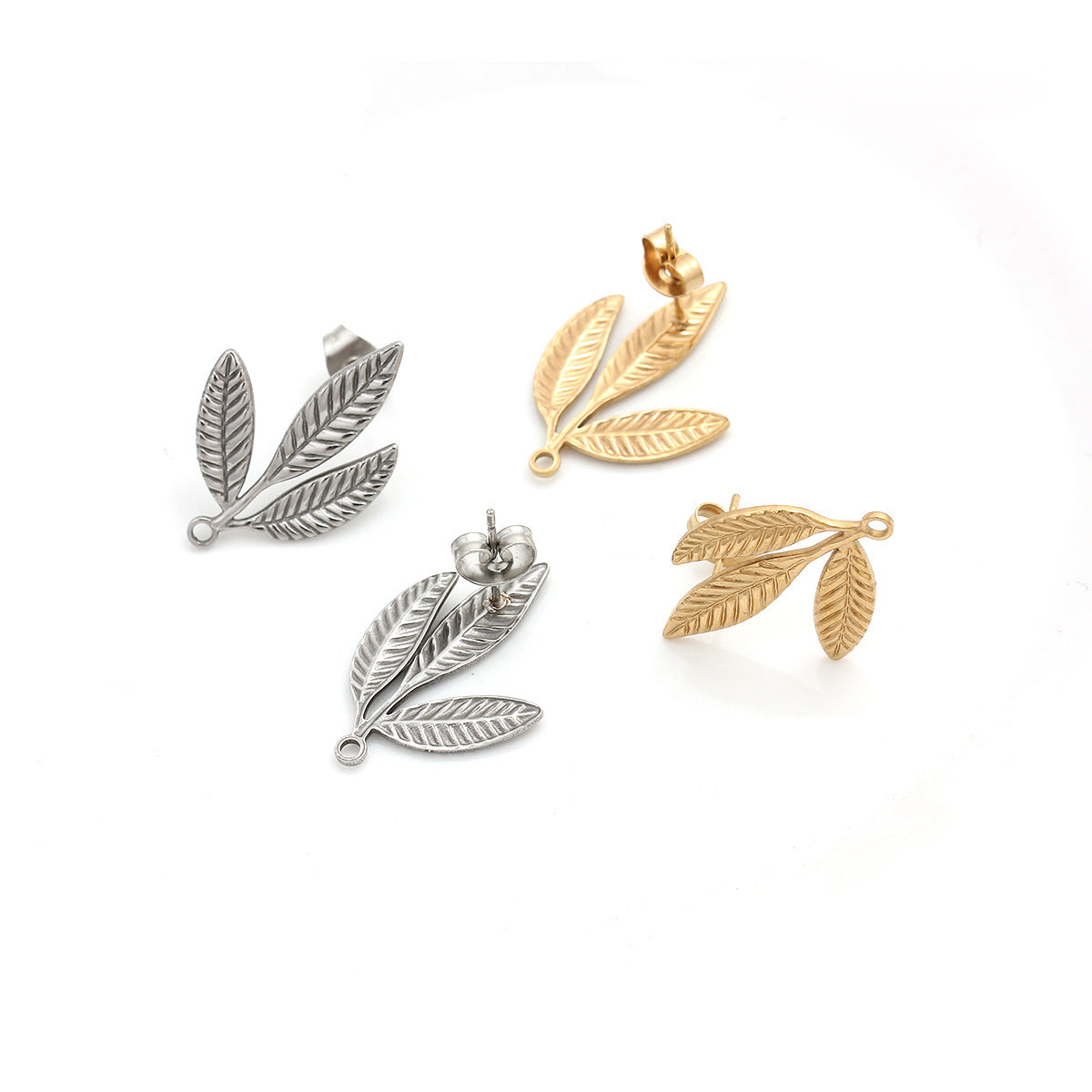 Leaf Earring Findings In Titanium Steel With 18K Real Gold Plated PVD Coated Electroplated Finish, 1 PCS/Package
