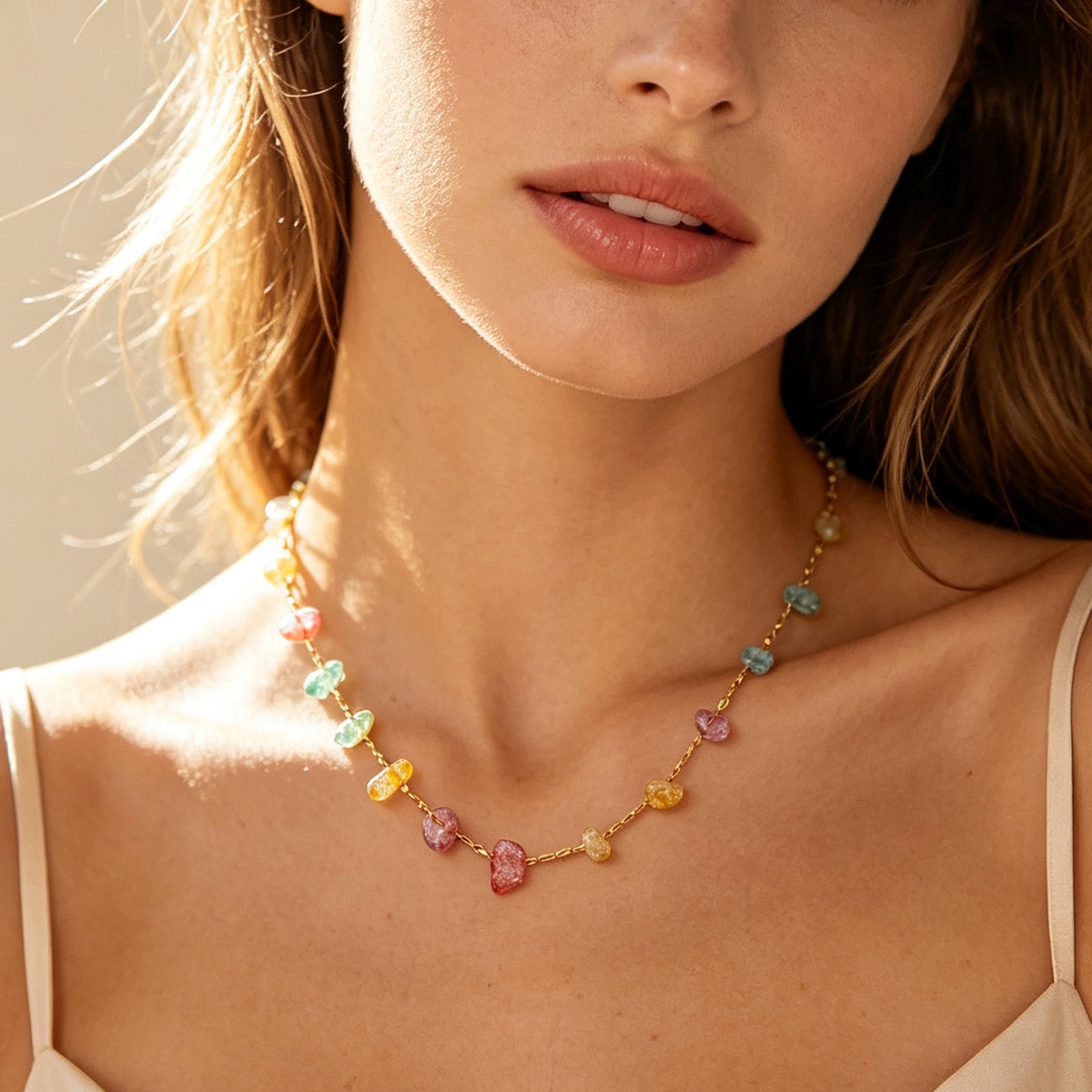 Geometric Waterproof Women's Necklace In 304 Stainless Steel With 18K Gold Plated PVD Finish And Natural Stone Inlay