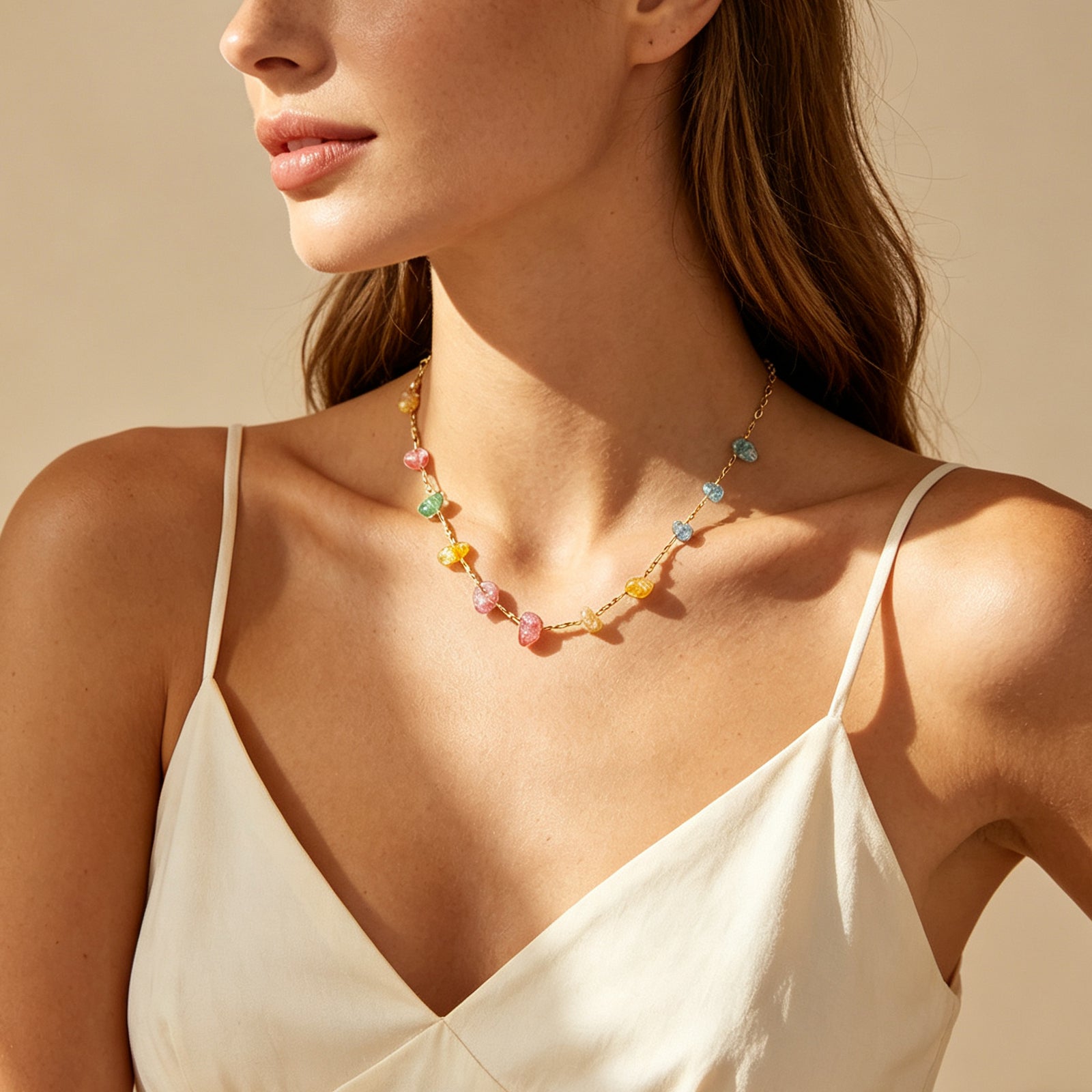Geometric Waterproof Women's Necklace In 304 Stainless Steel With 18K Gold Plated PVD Finish And Natural Stone Inlay