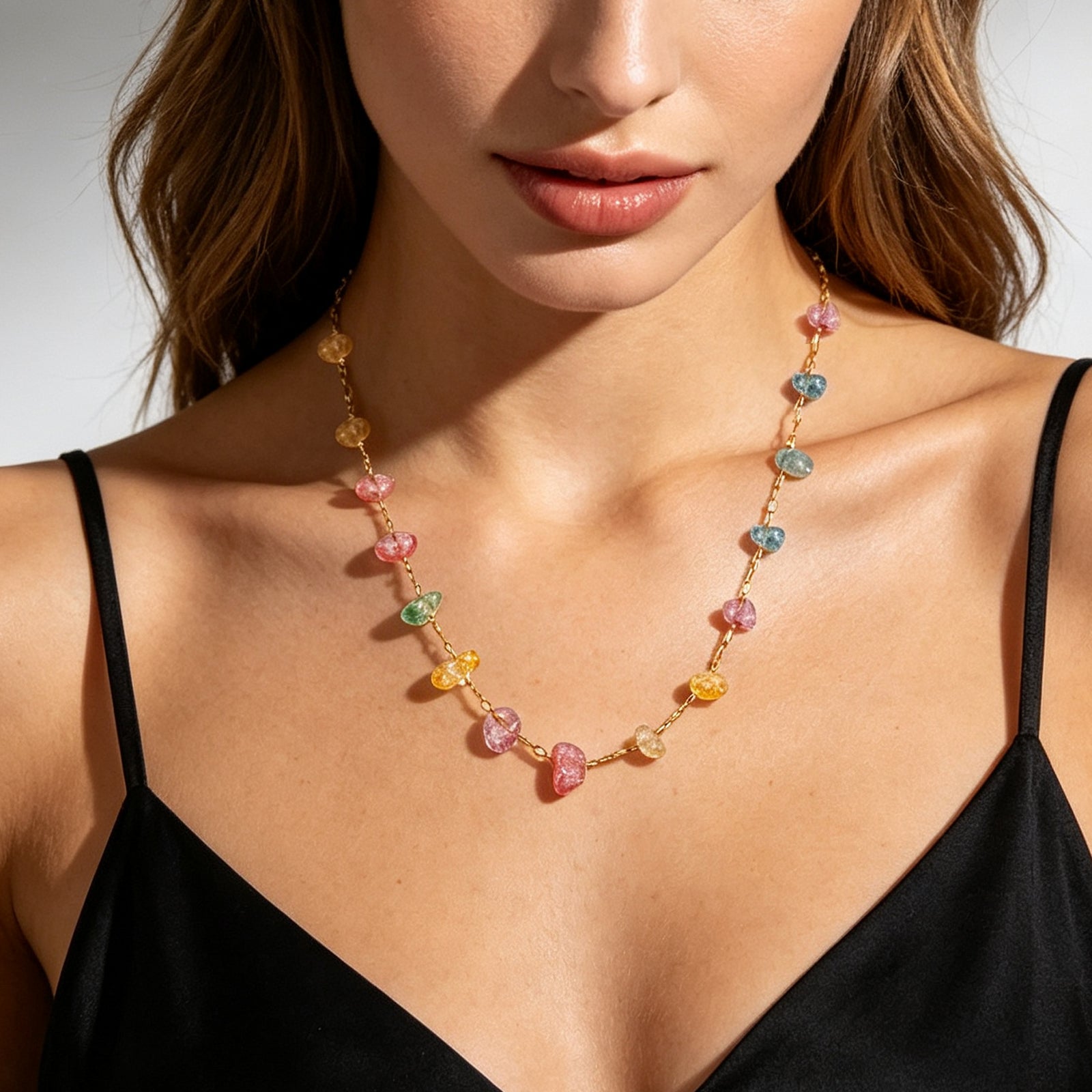 Geometric Waterproof Women's Necklace In 304 Stainless Steel With 18K Gold Plated PVD Finish And Natural Stone Inlay