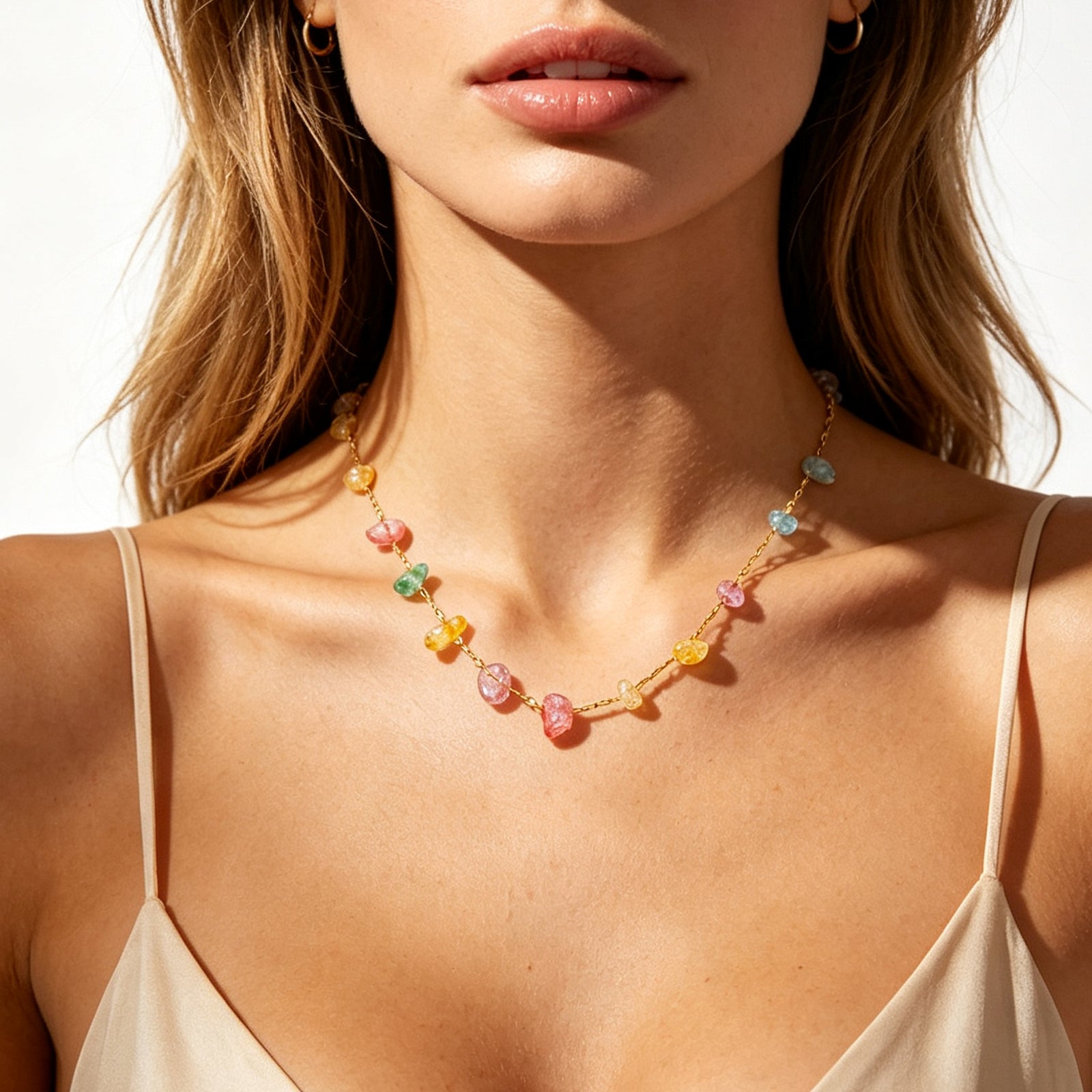 Geometric Waterproof Women's Necklace In 304 Stainless Steel With 18K Gold Plated PVD Finish And Natural Stone Inlay