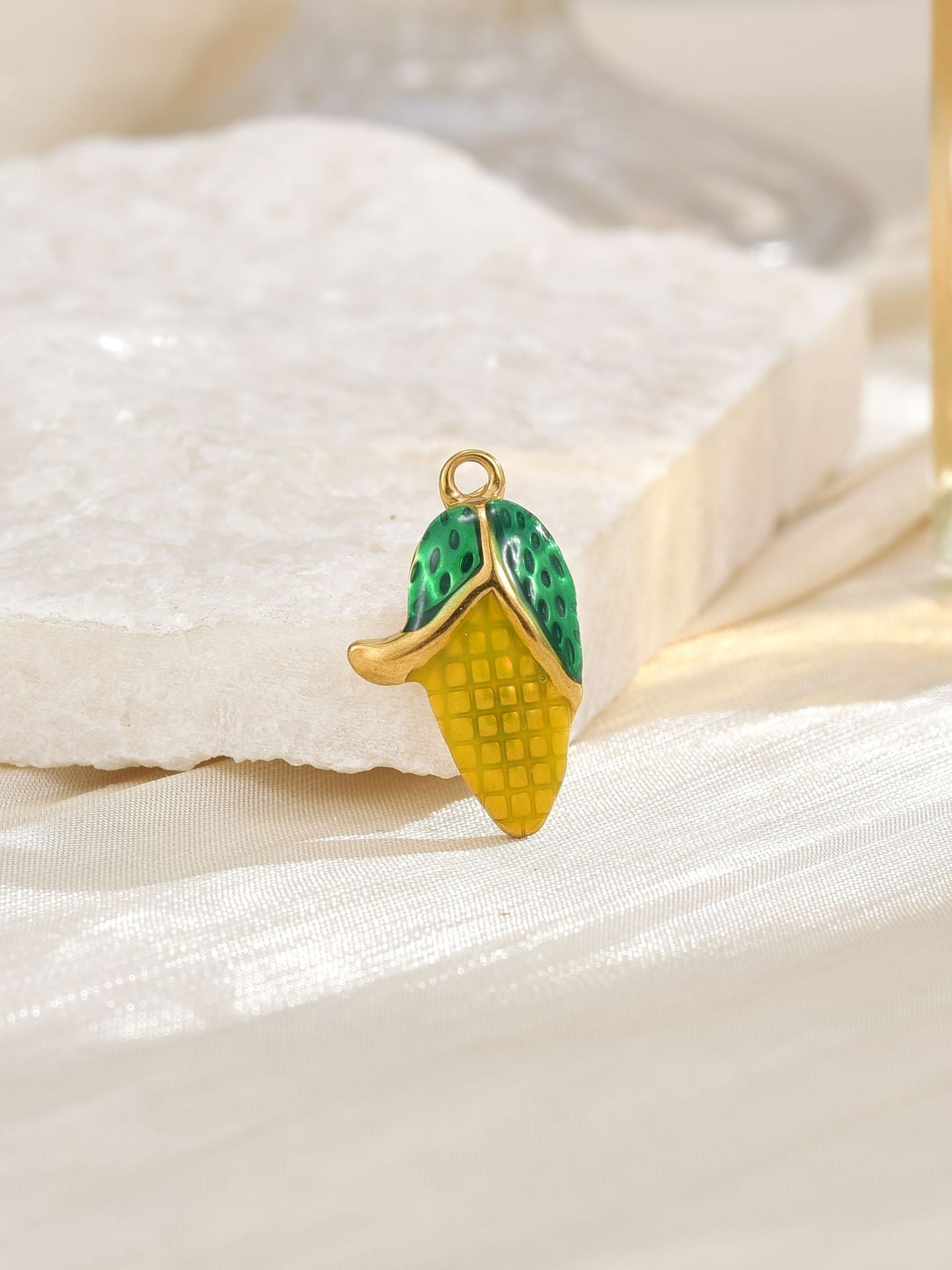 Corn Pendant In Metal With Real Gold Plated Finish Featuring Epoxy Craftsmanship, Electroplated Gold Jewelry Accessory