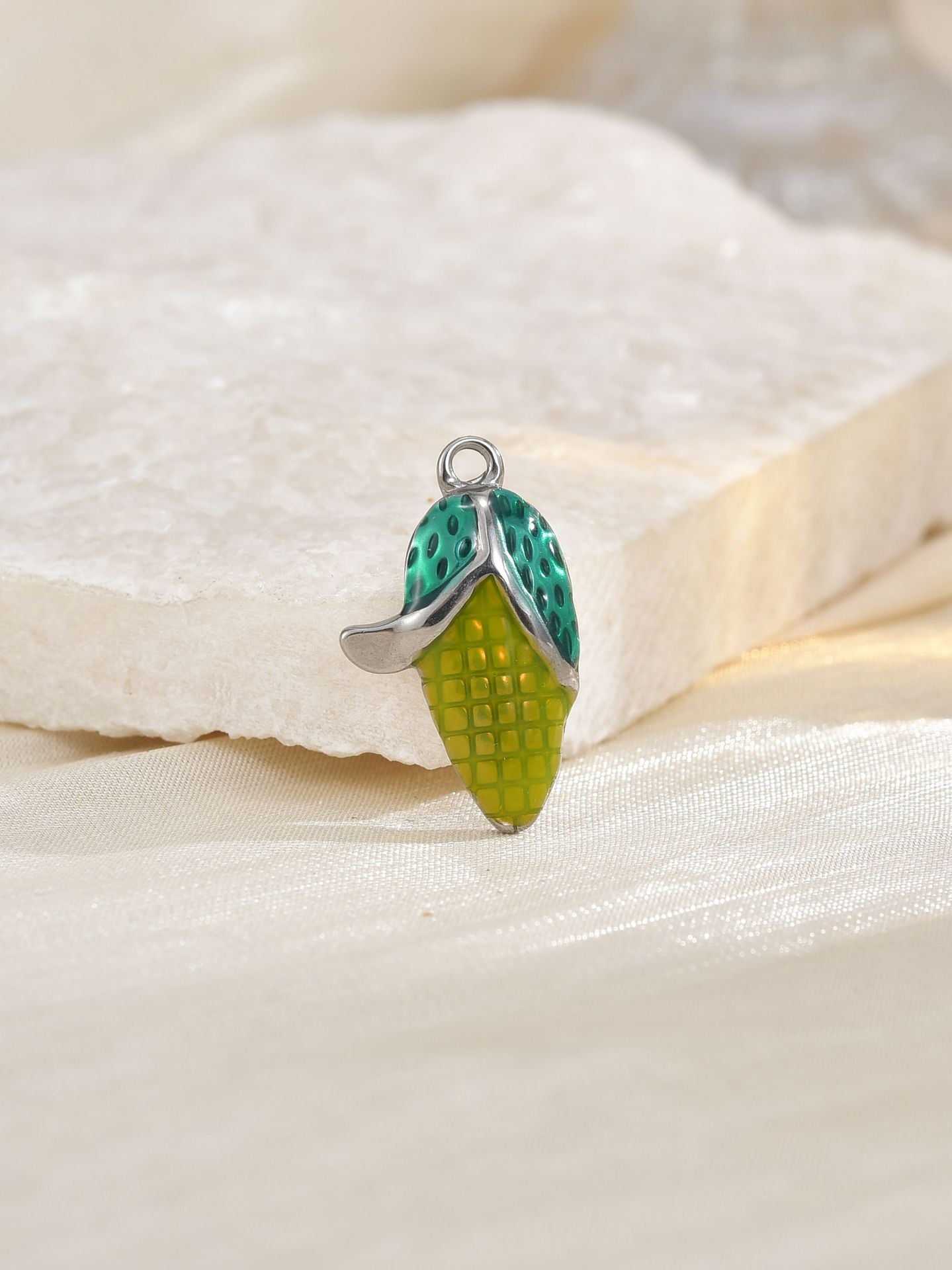 Corn Pendant In Metal With Real Gold Plated Finish Featuring Epoxy Craftsmanship, Electroplated Gold Jewelry Accessory