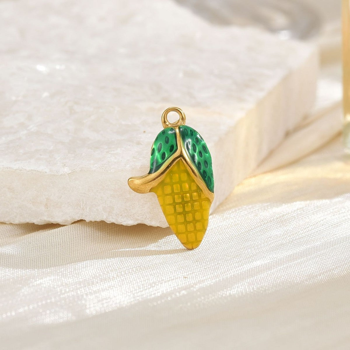 Corn Pendant In Metal With Real Gold Plated Finish Featuring Epoxy Craftsmanship, Electroplated Gold Jewelry Accessory