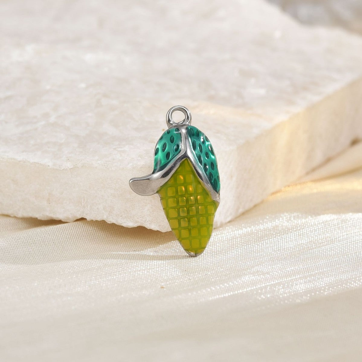 Corn Pendant In Metal With Real Gold Plated Finish Featuring Epoxy Craftsmanship, Electroplated Gold Jewelry Accessory