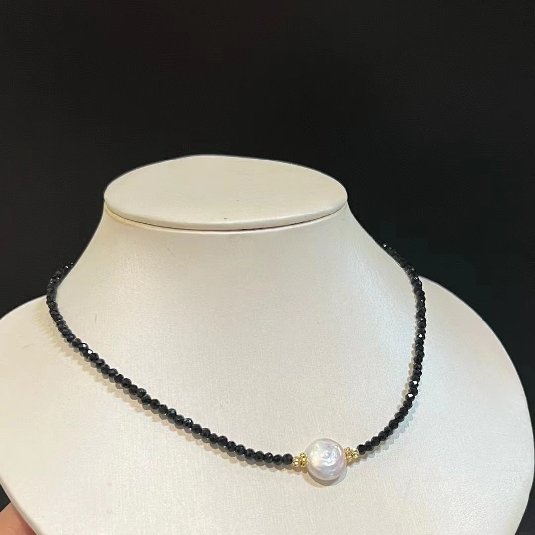 Baroque Style Petal Choker Necklace With Dyed Black Freshwater Pearl Beaded Chain Featuring Electroplated Craftsmanship