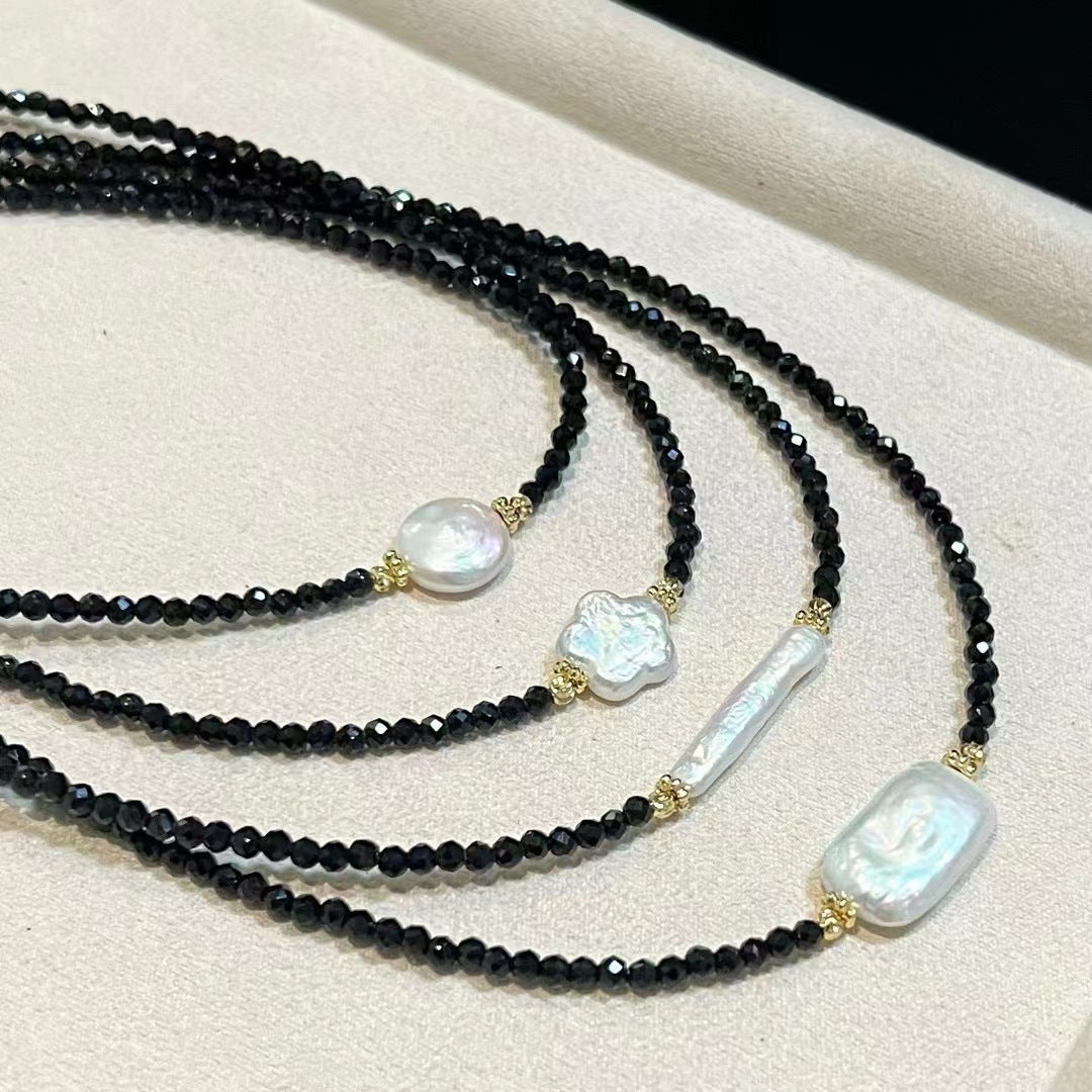 Baroque Style Petal Choker Necklace With Dyed Black Freshwater Pearl Beaded Chain Featuring Electroplated Craftsmanship